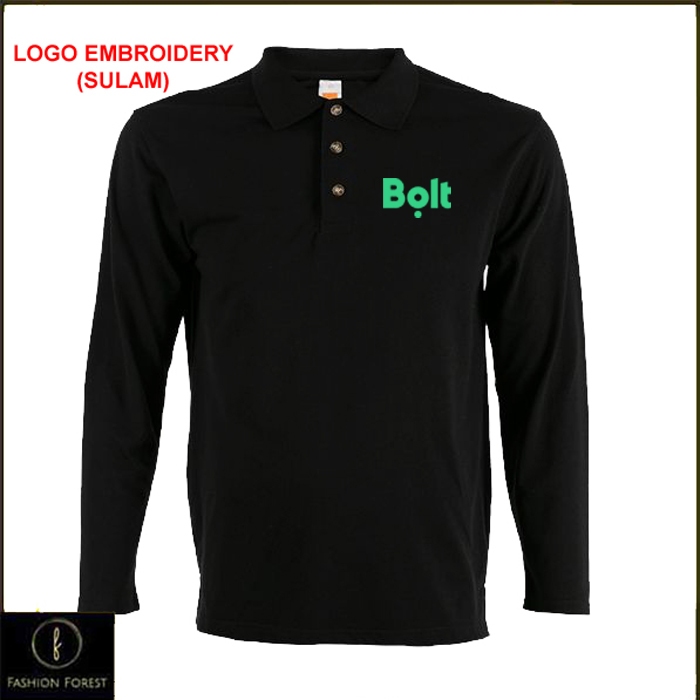 Microfiber Lengan Long Sleeve collar Polo T Shirt Logo เย็บปักถักร้อย Sulam Bolt ride-hailing service