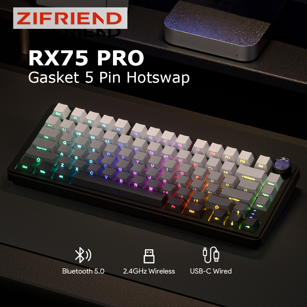 ZIFRIEND RX75 คีย์บอร์ดแบบกลไก 75% เค้าโครง RGB Tri-Mode ปะเก็นโครงสร้าง Hot-swap พร้อมคีย์บอร์ดเกมไดร์เวอร์