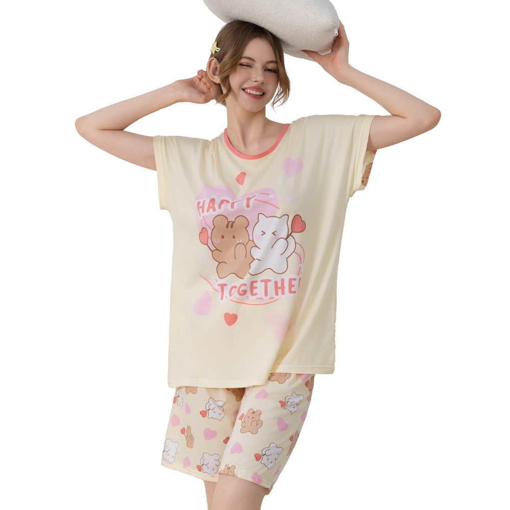 Young Hearts Young Curves Happy Together แขนสั้นไมโครไฟเบอร์ Top & Bottom Sleep Set C01-S0123