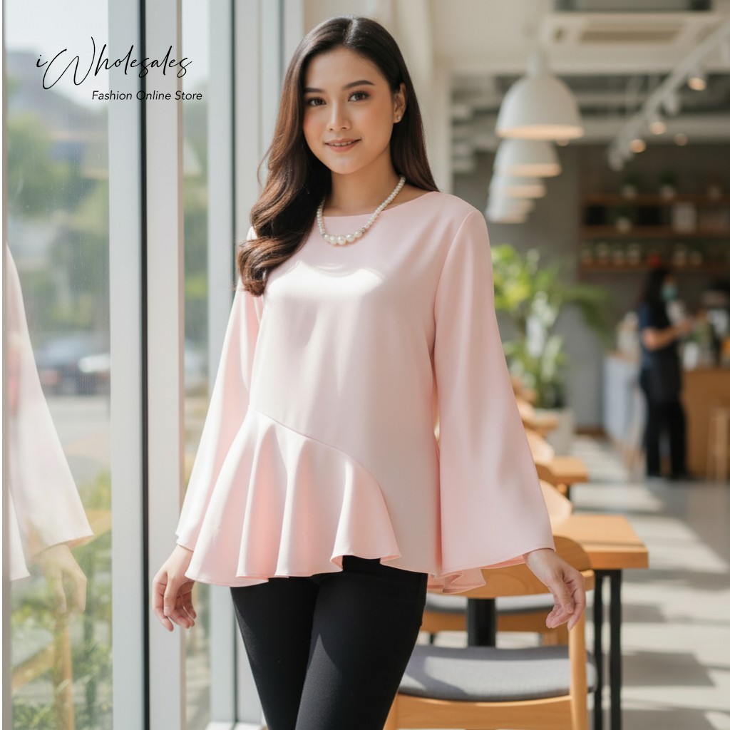 ผู้หญิงรอบคอธรรมดาแขนยาว Flare Design เสื้อ Peplum OOTD
