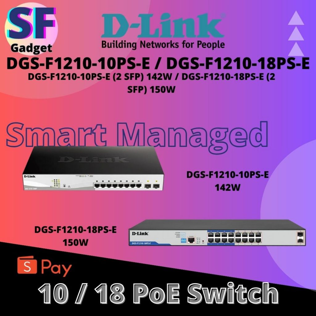 D-Link 250 ระยะทาง DGS-F1210-10PS-E (2 SFP) 142W / DGS-F1210-18PS-E (2 SFP) 150W PoE Budget สําหรับก