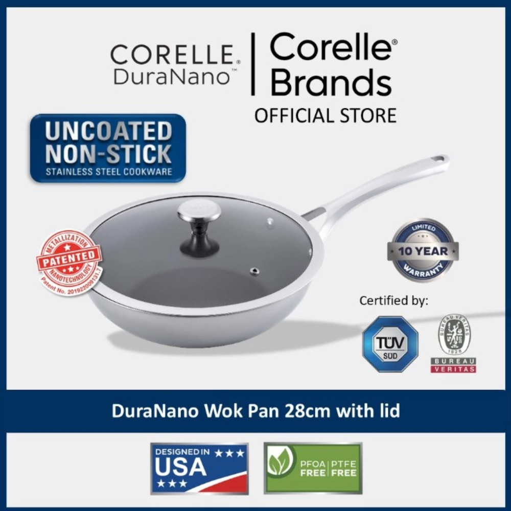 CORELLE DuraNano 28 ซม. กระทะพร้อมฝาปิด - เครื่องครัวสแตนเลสแบบไม่ติดไม่เคลือบ (รับประกัน 10 ปี)