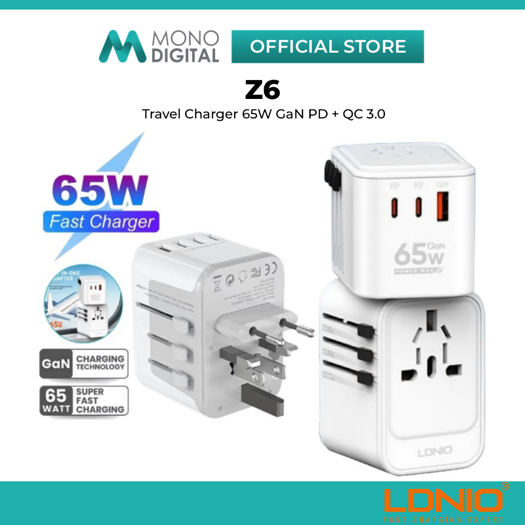 LDNIO Z6 65W GAN UNIVERSAL TRAVEL ADAPTER (2C1A) PD 65W + QC3.0 SUPER UNIVERSAL CHARGER ADAPTER