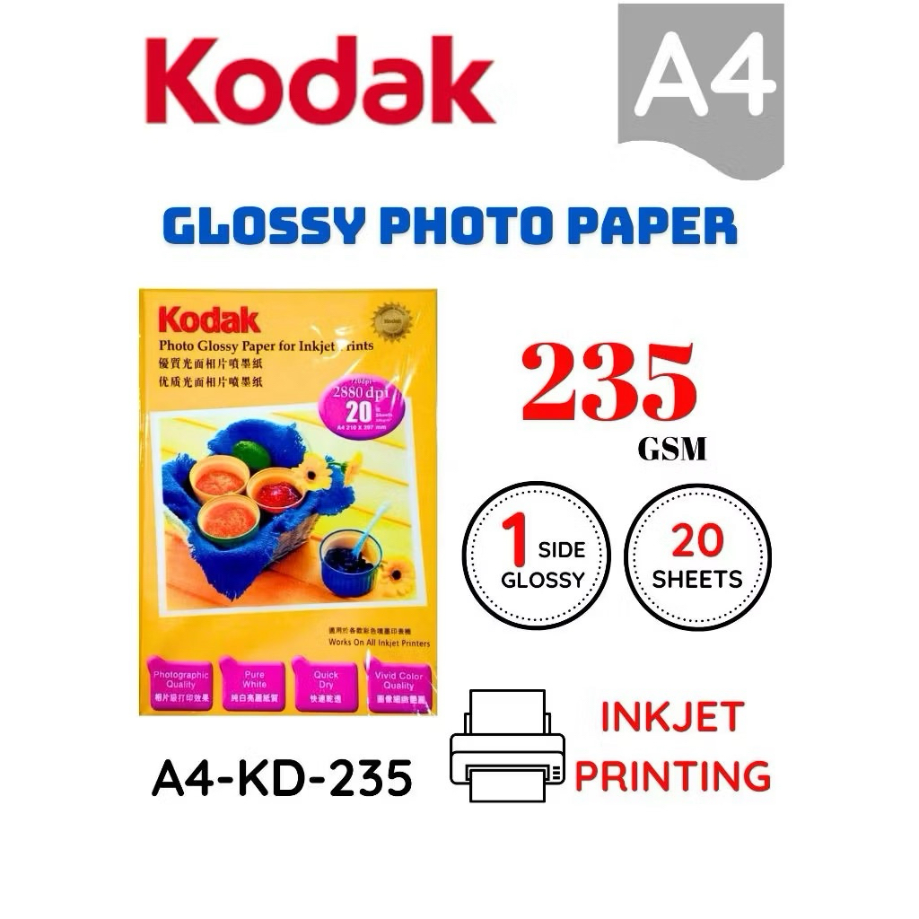 KODAK 230GSM WATER RESISTANT GLOSSY PHOTO PAPER (SINGLE SIDE) INKJET PRINTING GLOSSY PHOTO PAPER