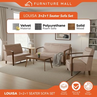 SKL Furniture LOUISA Solid Wood Sofa 1+2+3+FREE Coffee Table/Pocket Spring Sofa/Wooded Sofa