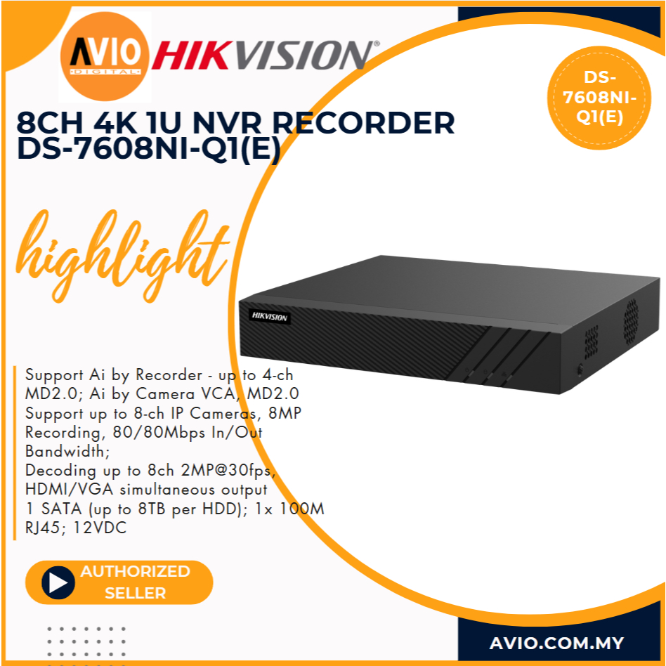 Hikvision 8CH 8 Channel 4K 8MP IP Network กล้องวงจรปิด NVR Recorder 1 Hdd Bay 1U 80 Mbps DS-7608NI-Q