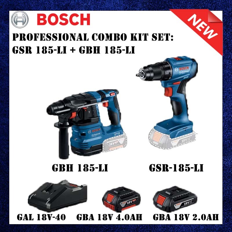 BOSCH GSR 185-LI CORDLESS DRILL DRIVER + GBH 185-LI ค้อนโรตารี่ไร้สายพร้อม SDS PLUS GSR 185-LI+GBH 1