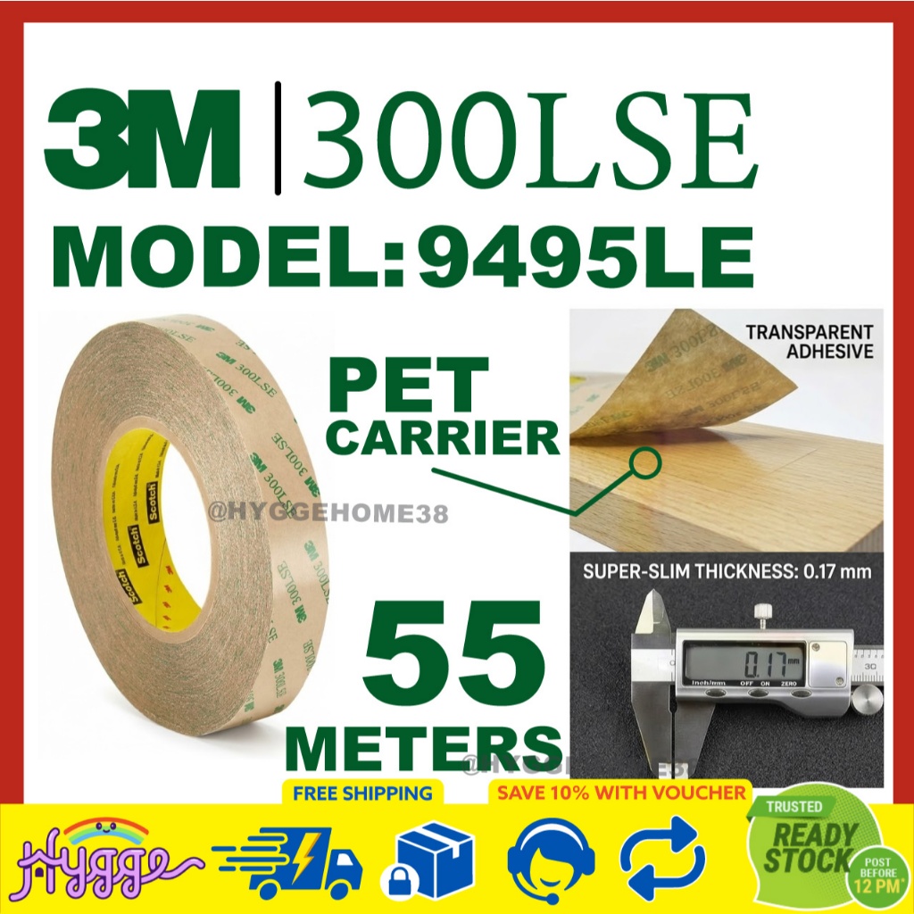 3M 9495LE เทปสองหน้า 300LSE 55 เมตรกาวใสพื้นผิวต่ําพลาสติกพลังงานเทป PET ที่แข็งแกร่ง