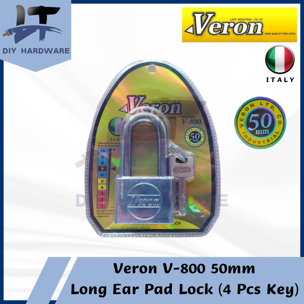 Veron V-800 50 มม. 4 Key เหล็กแข็ง Shacker หูยาว Chrome Pad Lock/กุญแจ/คุณภาพสูง