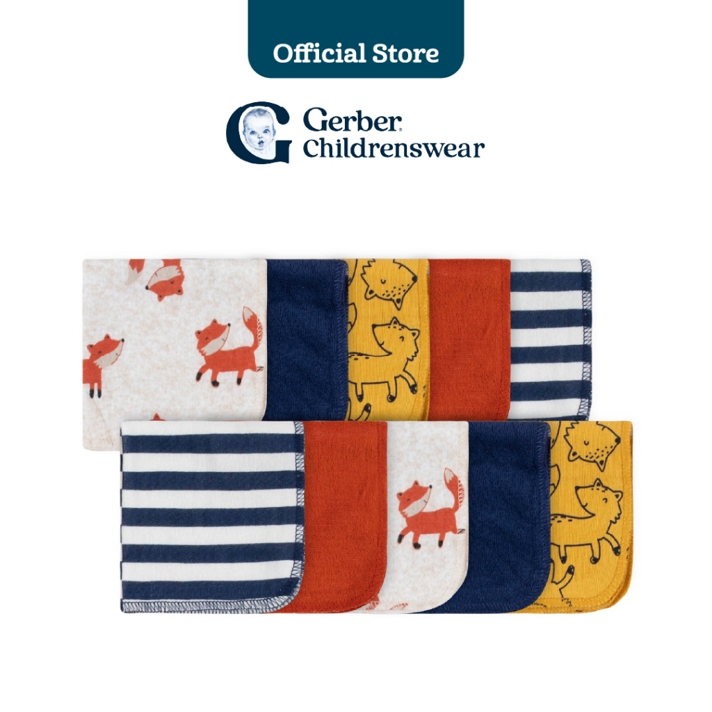 Gerber 10-Pack Boy Fox Washcloths/ผ้าเช็ดตัวสำหรับเด็กผู้ชายลายสุนัขจิ้งจอก Gerber 10 ชิ้น