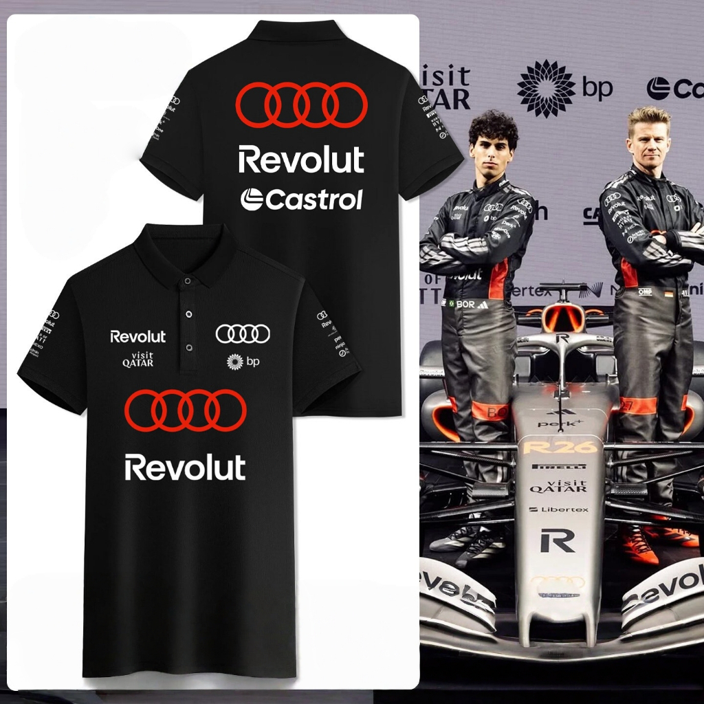 Audi F1 Team Revolut Castrol เสื้อโปโลผ้าฝ้าย 100% Unisex แขนสั้นพิมพ์ชุดลําลองอเนกประสงค์ที่เรียบง่าย