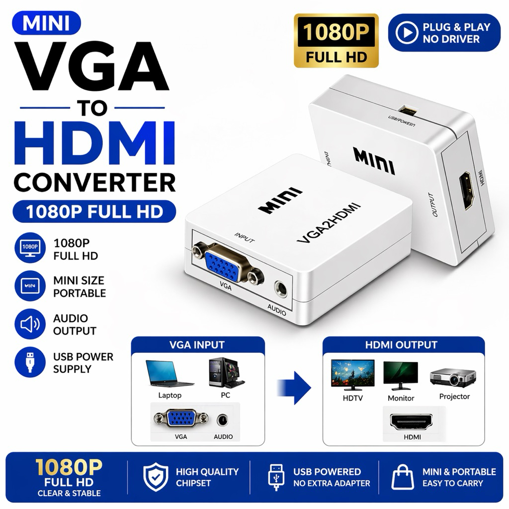 ตัวแปลง Mini 1080P VGA เป็น HDMI 2 พร้อมอะแดปเตอร์ USB 1080P