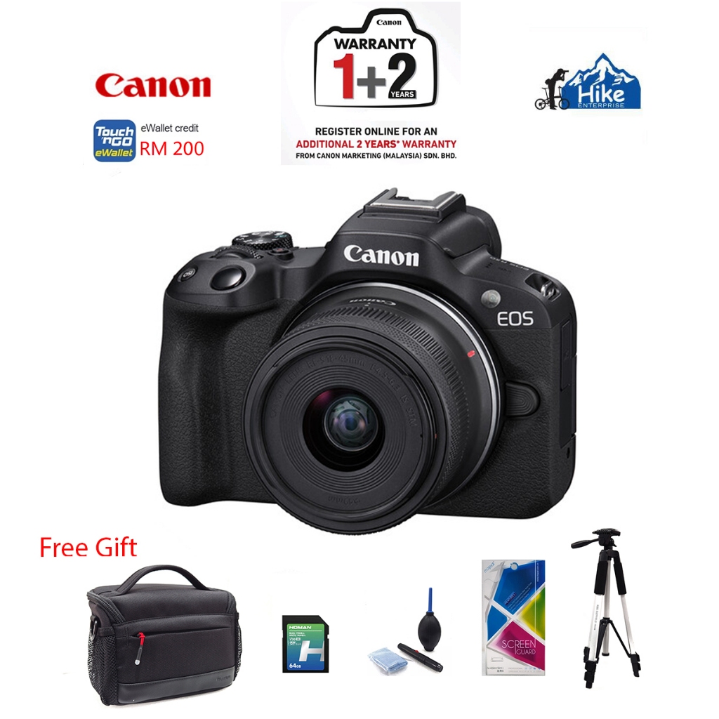 กล้อง Mirrorless Canon EOS R50 พร้อมเลนส์ 18-45 มม. (สีดํา) การ์ด SDXC 64gb และกระเป๋ากล้อง Canon