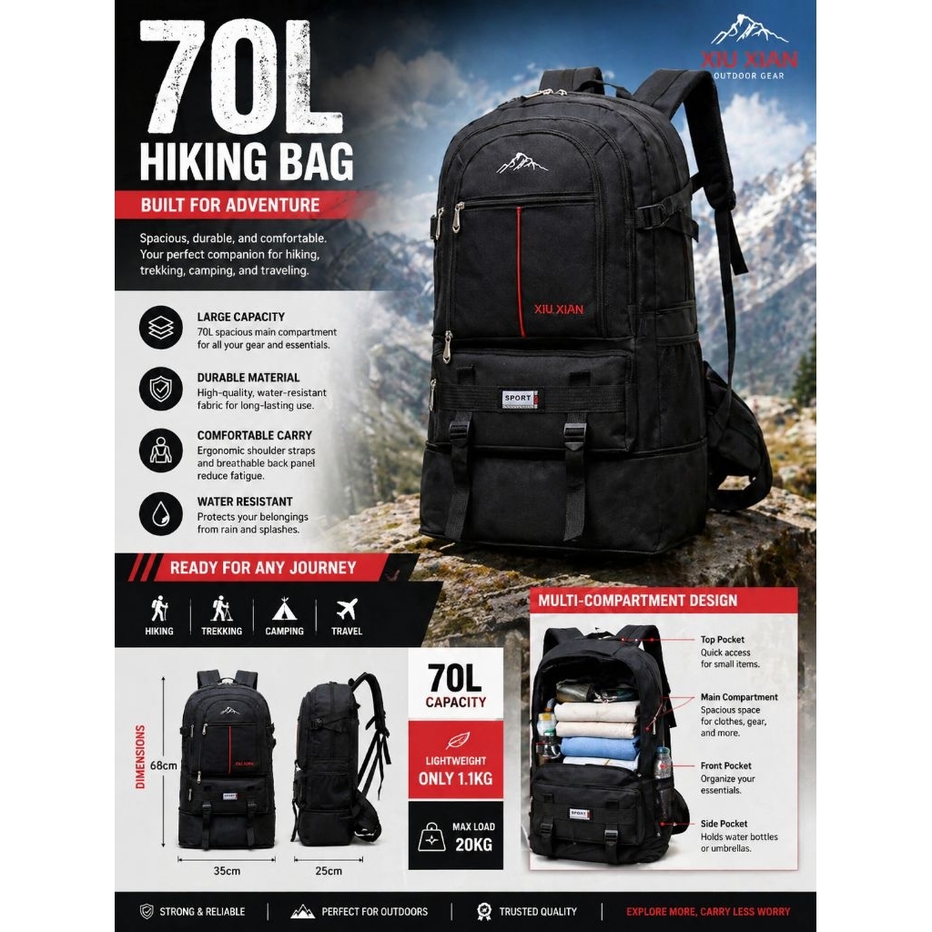 65L-75L กระเป๋าเป้ปีนเขา เดินป่า กันน้ํา ความจุขนาดใหญ่ กระเป๋า Camping Bag BackPack Travel Backpack