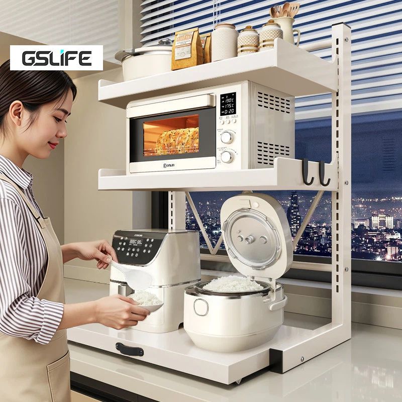 Gslife ชั้นวางแบบดึงแบบปรับได้ ชั้นวางไมโครเวฟ ชั้นวางเตาอบ ชั้นวางเตาอบ Rak Dapur ชั้นเก็บของสแตนเล