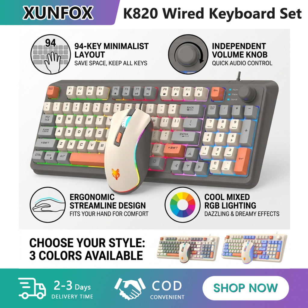 XUNFOX คีย์บอร์ดเกมแบบมีสาย K820 – 94-Key ผสมสีแสงปุ่มปรับระดับเสียงอิสระ 19 คีย์แบบโรลโอเวอร์ – สํา