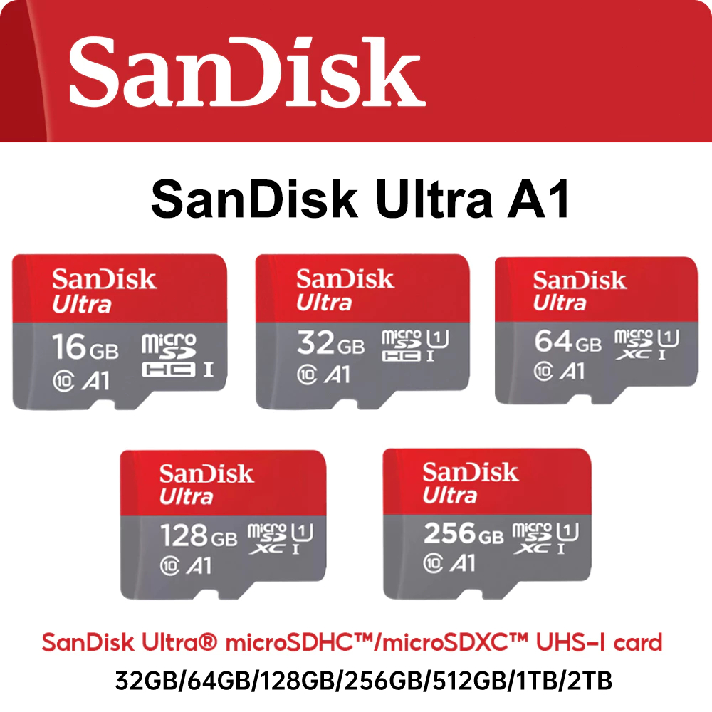 การ์ด TF Ultra A1 MicroSDHC และ MicroSDXC มีจําหน่ายใน 32G,64G,128GB, 256GB, 512GB, 1TB ขยายหน่วยควา