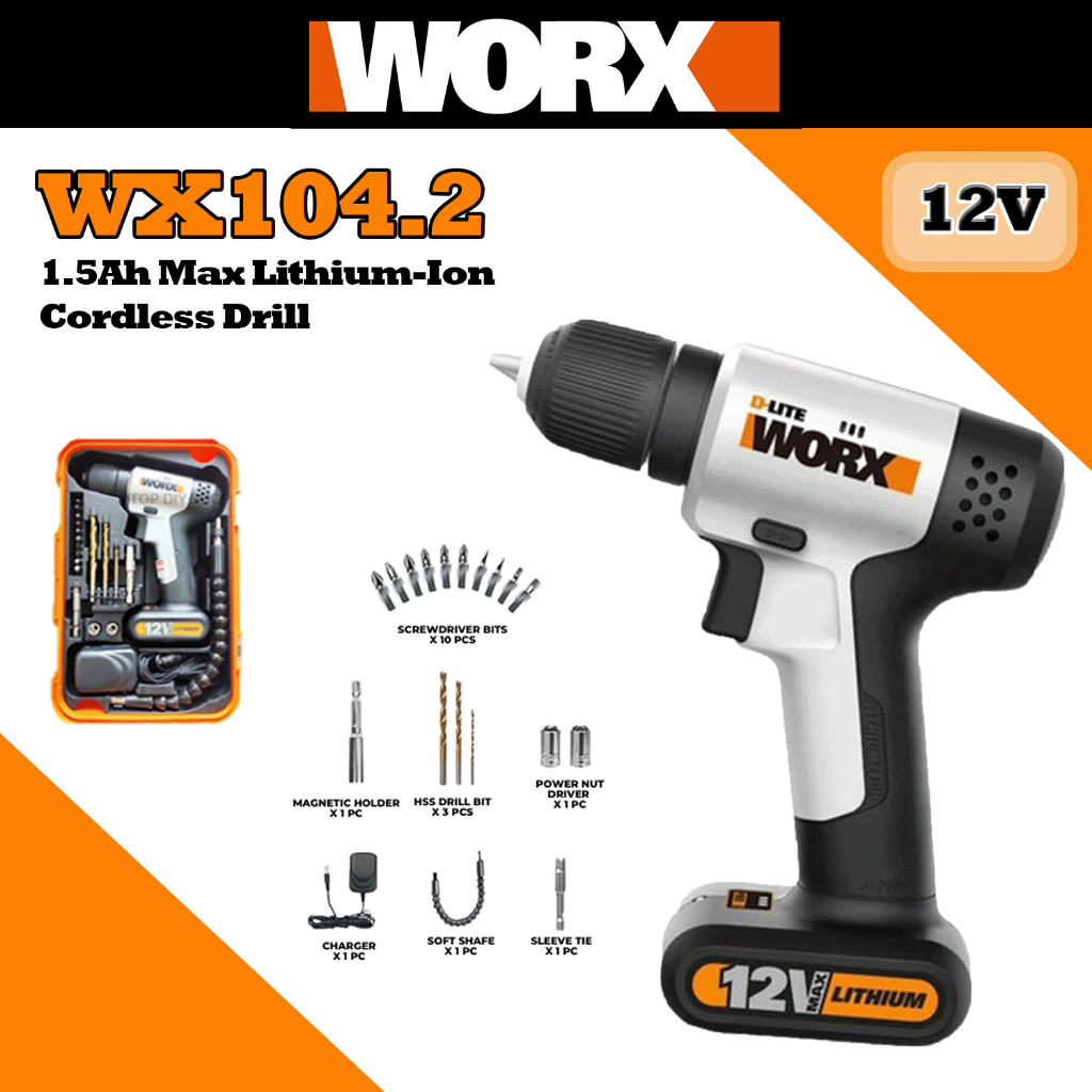 WORX 12V 1.5AH MAX LITHIUM-ION CORDLESS DRILL WX 104.2