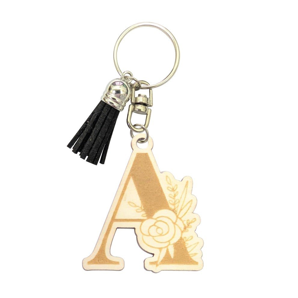 WOODEN ALPHABET KEYCHAIN DESIGN c/w TASSEL