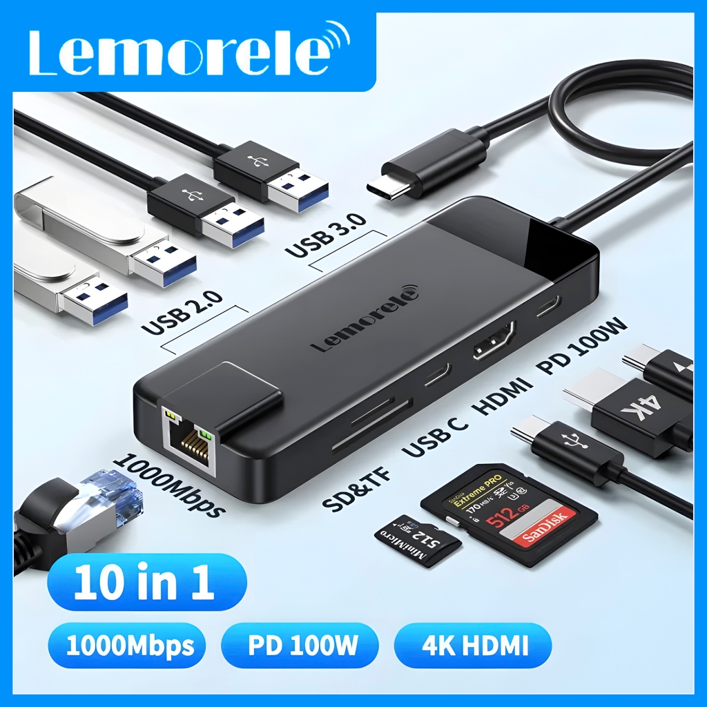 Lemorele TC93 USB C Hub 10 in 1 Dual HDMI 4K Docking Station PD 100W Ethernet USB 3.0 SD TF Card Rea