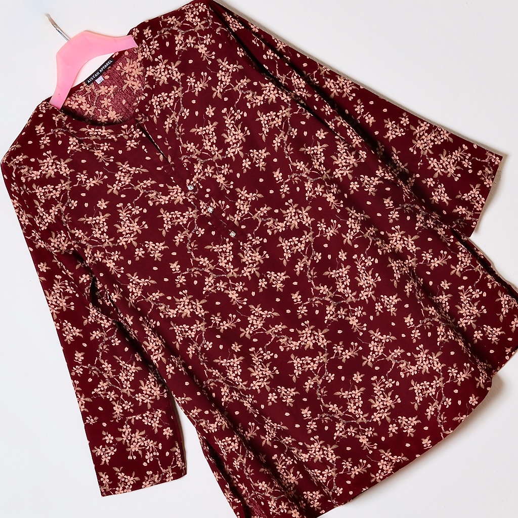 PLUS SAIZ BLOUSE COTTON VISCOSE FLORAL SLIM FITTING BLOUSE MUSLIMAH CASUAL Dengan Lipit Panjang Sesu