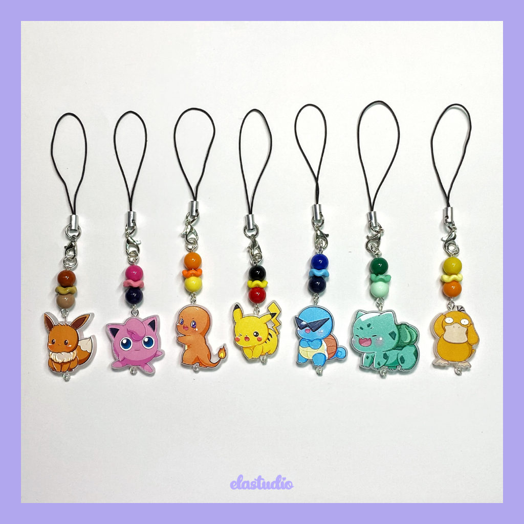 Pokemon น่ารักโทรศัพท์กระเป๋าโซ่ Charm พวงกุญแจ Handmade Pikachu / Eevee / Bulbasaur / Psyduck / Cha