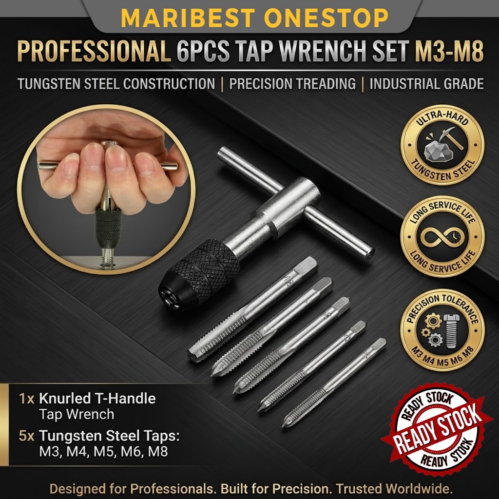 6 ชิ้นประแจแตะชุด M3 M4 M5 M6 M8 เมตริกสกรูแตะ T-Shaped ประแจ Threading Tapping ชุด H42214