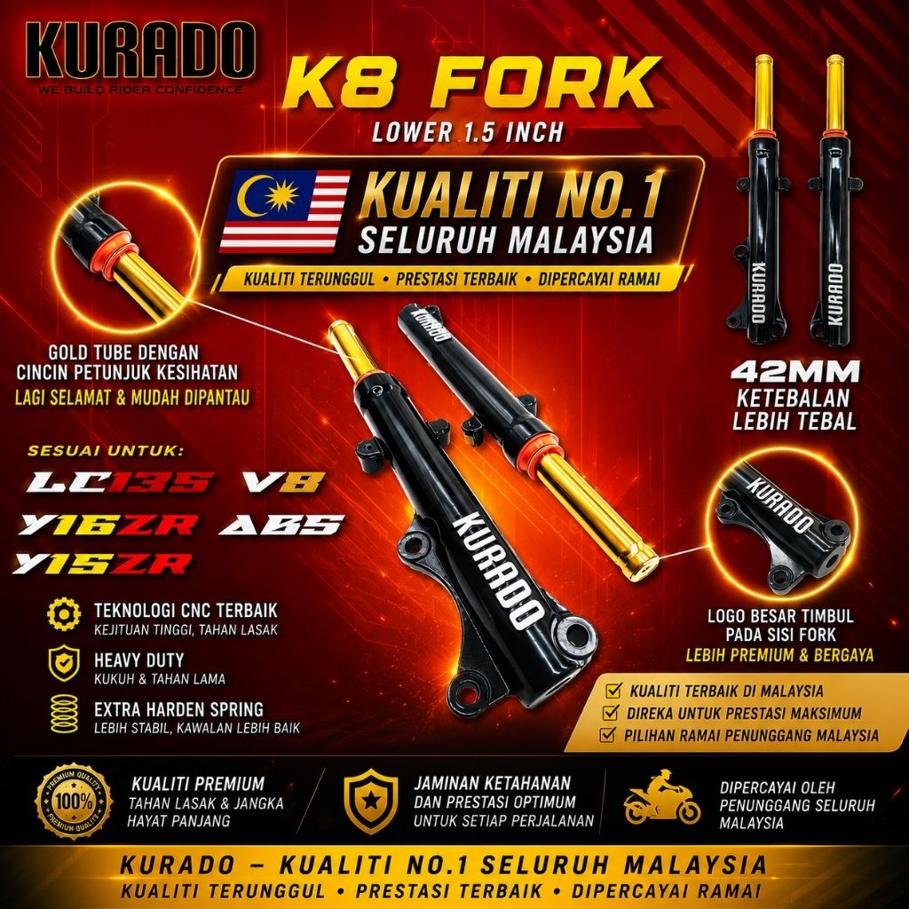 KURADO K8 STD LOWER 1.5 INCI FRONT FORK ASSY GOLD TUBE LIMITED EDITION BIG BODY Y15ZR LC135 Y16ZR Y1