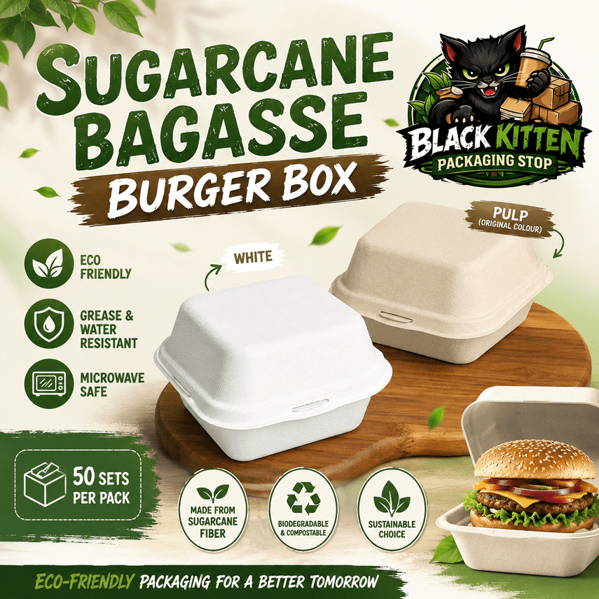 [ 50 ชิ้น ] Sugarcane Bagasse Burger Box 6 นิ้ว Burger Box ย่อยสลายได้ Pulp Burger Box Kotak Burger 