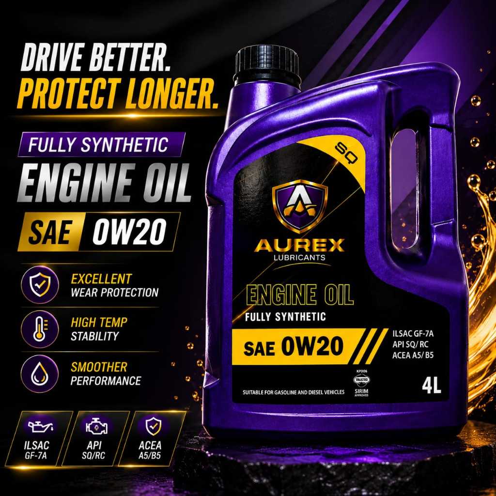 AUREX 0W20 (4 ลิตร) น้ํามันเครื่องสังเคราะห์แท้ API SQ GF-7A -Proton, Perodua, Honda, Nissan, Toyota