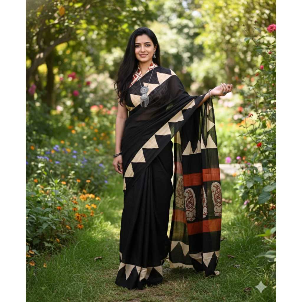 Jaipur Mal cotton saree สีดําลายสามเหลี่ยมสีขาวคอนทราสต์