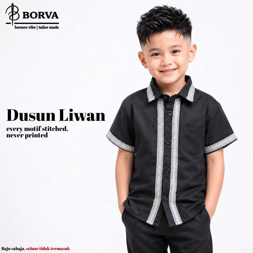 4.0 Modern Dusun Liwan ชาติพันธุ์แบบดั้งเดิมเสื้อแขนสั้นเด็กชายรูปแบบเย็บปักถักร้อย 100%