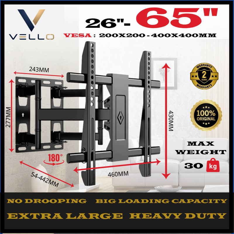 VELLO D60 D70 D80 26-65" 32"-75" 40"-80" Ultra Slim TV Wall Mount Thin Low Profile TV Bracket, Full 