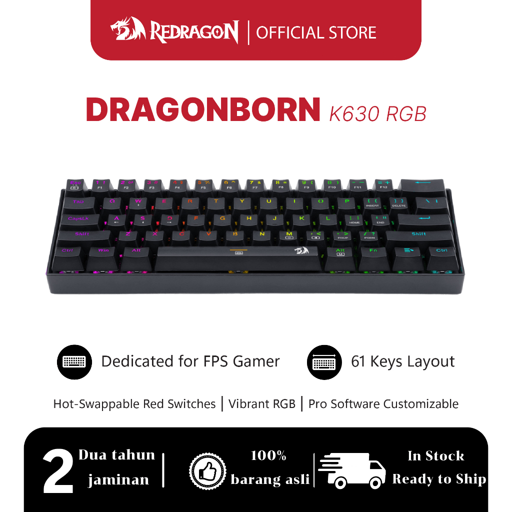 Redragon K630 60% คีย์บอร์ดเกม RGB แบบมีสาย 61 คีย์พร้อม Linear Red Switch Pro Driver รองรับ