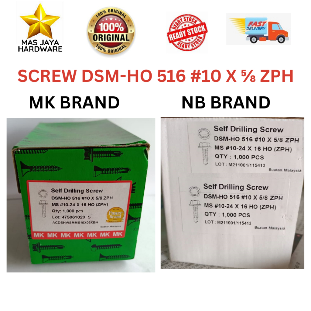 100, 250 ชิ้น MK/NB 516 DSM-HO 10X5/8 ZPH SELF DRILLING SCREW / SKRU BESI C CHANNEL BUMBUNG BATTEN A