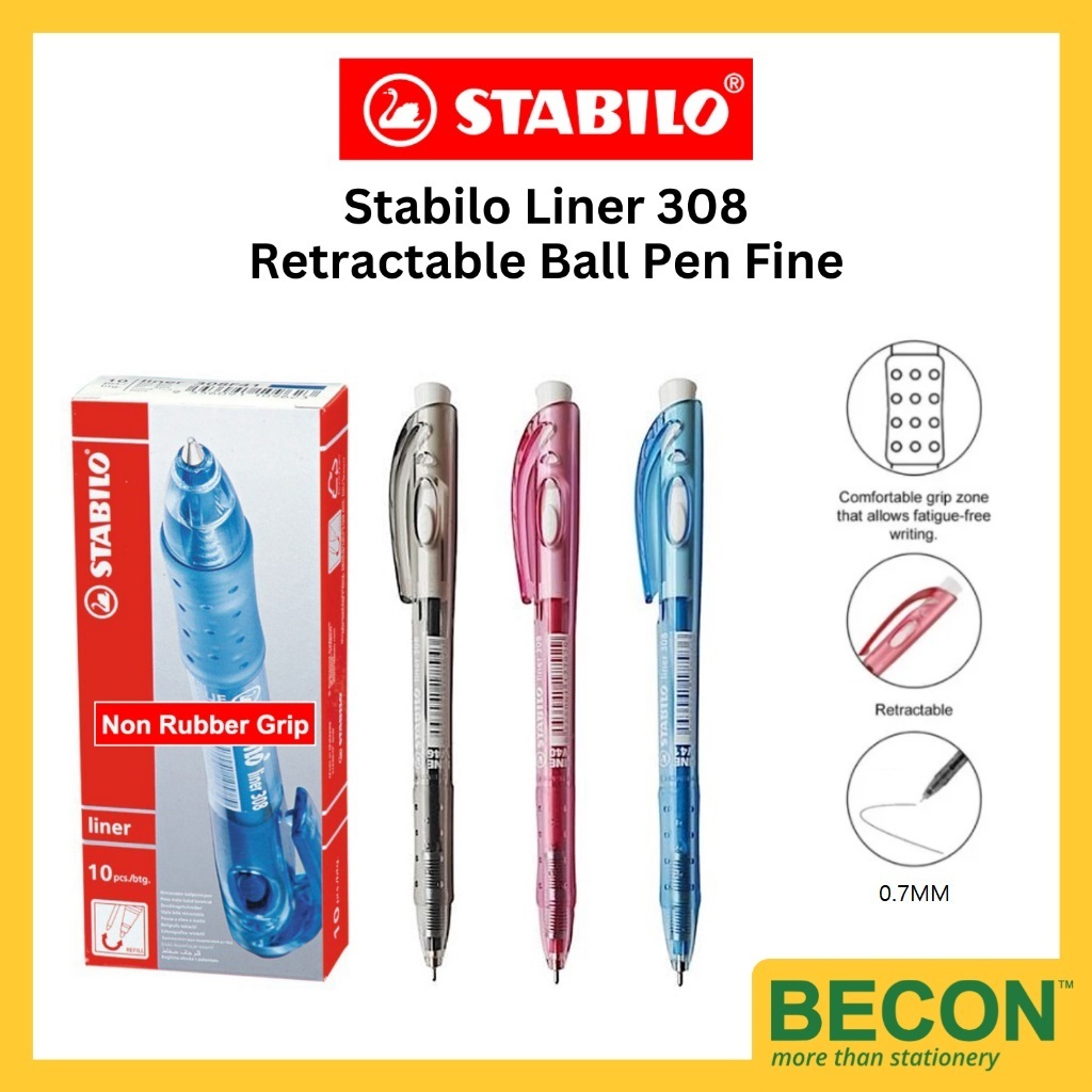 Stabilo Liner 308 Retractable Ball Pen Fine W46 W41 W40 [ดํา น้ําเงิน แดง ]
