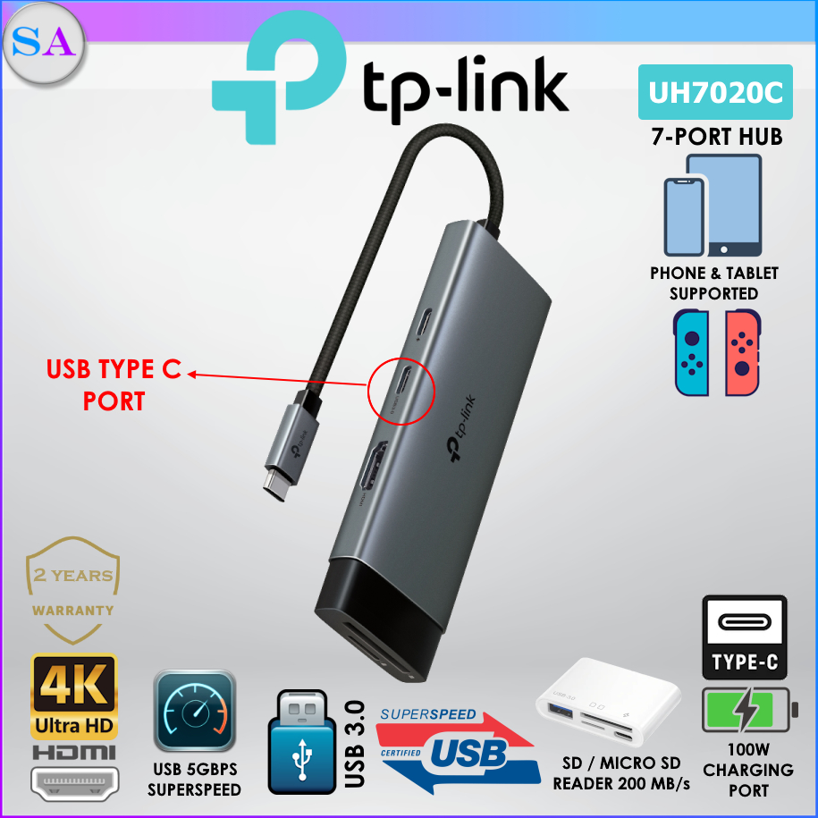 พอร์ต TP-Link UH7020C Type C / UH7021C 7 พร้อมพอร์ตชาร์จ 100W 4K HDMI SuperSpeed USB 3.0 Hub