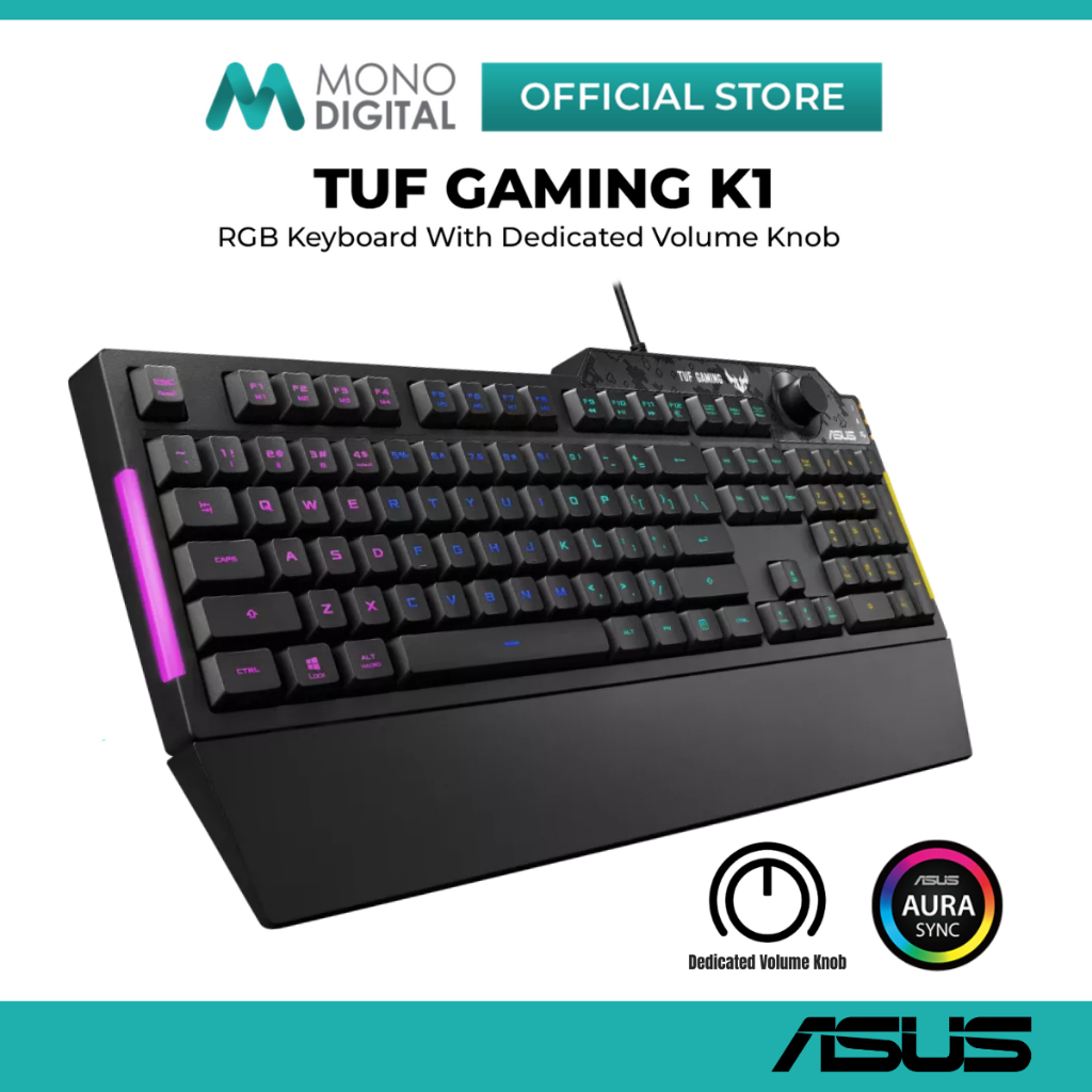 ASUS TUF GAMING K1 WIRED RGB คีย์บอร์ด RA04 พร้อมปุ่มปรับระดับเสียงที่ต้องการ, การลดความไว, บาร์ไฟด้