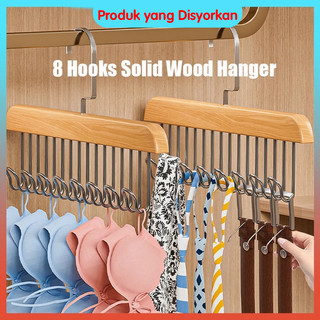8 Hooks Hanger Solid Wood Stainless Steel Anti Slip Clothes Sling Belt Neck Tie Bag Hanging Hangers
