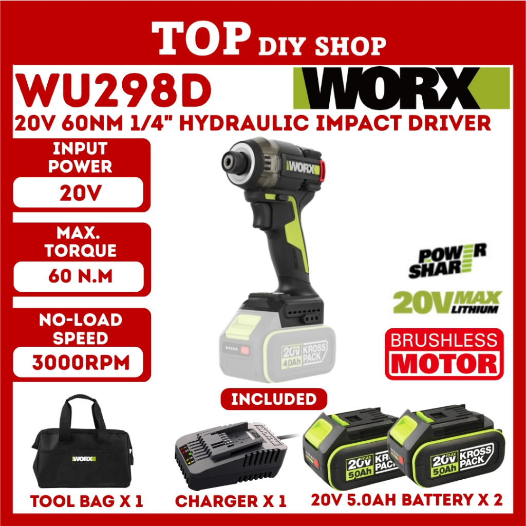 Worx WU298D 1/4" Hex ไขควงกระแทกไฮดรอลิก 60Nm 3 ความเร็วปรับ Universal 20v สีเขียวแบตเตอรี่มอเตอร์ไร