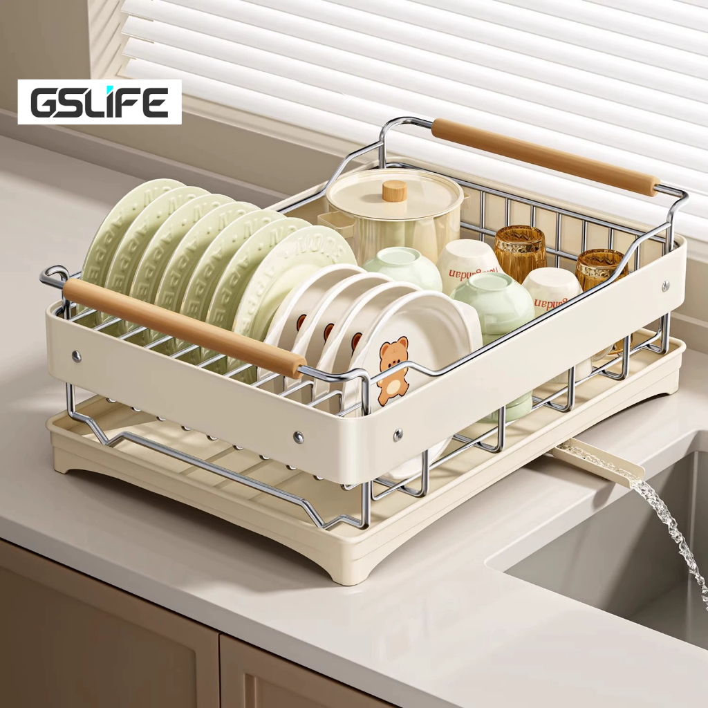 GSLife Rak Pinggan ชั้นวางจานสแตนเลสพร้อม Drainboard ชั้นเก็บของในครัว