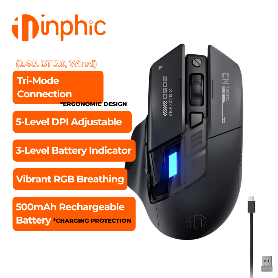Inphic A9 Explorer v2 RGB เมาส์ไร้สายชาร์จ Bluetooth5.0+2.4G และการเชื่อมต่อแบบมีสาย 2400dpi เมาส์สํ