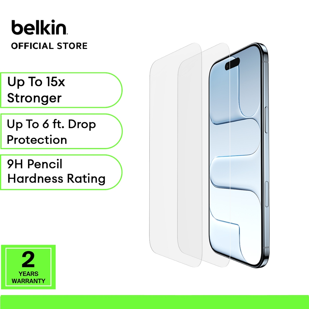 Belkin OVA225FQ/OVA226FQ/OVA227FQ ScreenForce กระจกนิรภัยป้องกันหน้าจอสําหรับ iPhone 17 Pro Max, 2-P