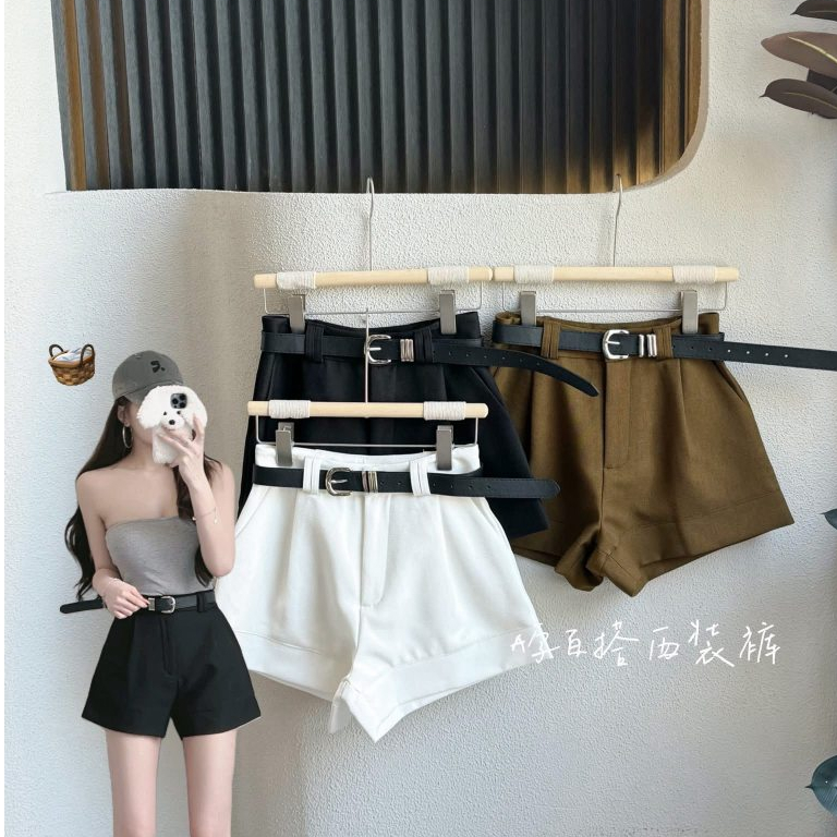 KOCHI ตู้เสื้อผ้า Daigou CN7194 สูทกางเกงขาสั้นขากว้างพร้อมเข็มขัด สีดํา S Size