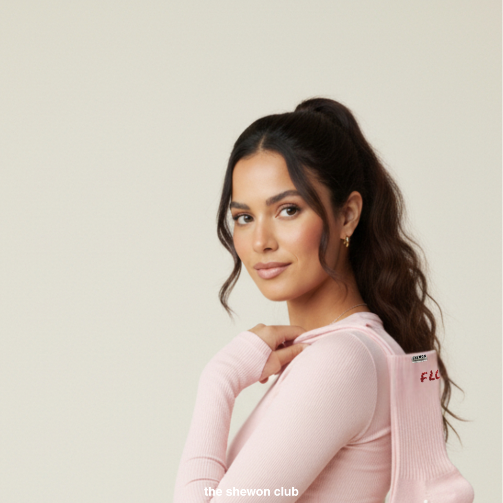 "FLOUR" PILATES GRIP SOCKS – PINK / RED (CREW) SHEWON Cushioned Grip Socks