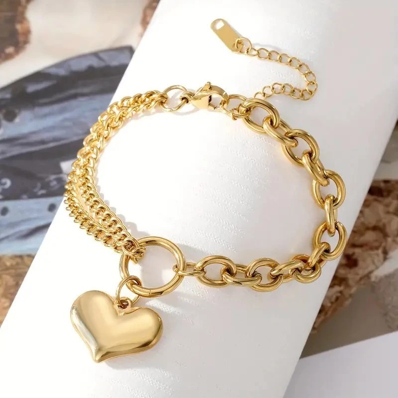HEART CHARM GOLD BRACELET TITANIUM STEEL GOLDEN JEWELLERY GELANG TANGAN ANTI KARAT