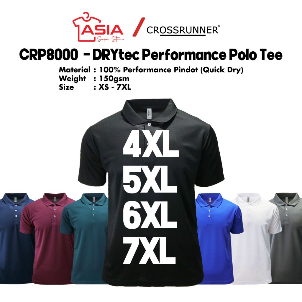 ASIASUPERSTORE x CROSSRUNNER 4XL 5XL 6XL 7XL Plain Polo Tshirt Jersey เสื้อยืด Baju Berkolar Plus ขนาด Unisex Tee CRP8000
