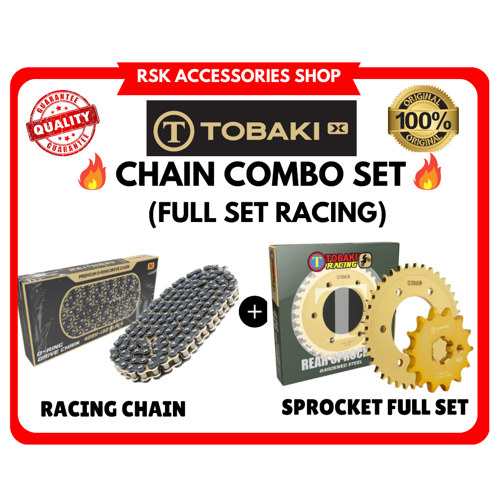 TOBAKI-X LC 4S Y125Z RXZ Y100 110 SPROCKET 428 CHAIN O-RING 1SET HEAVY DUTY CHROME GOLD RANTAI ORING