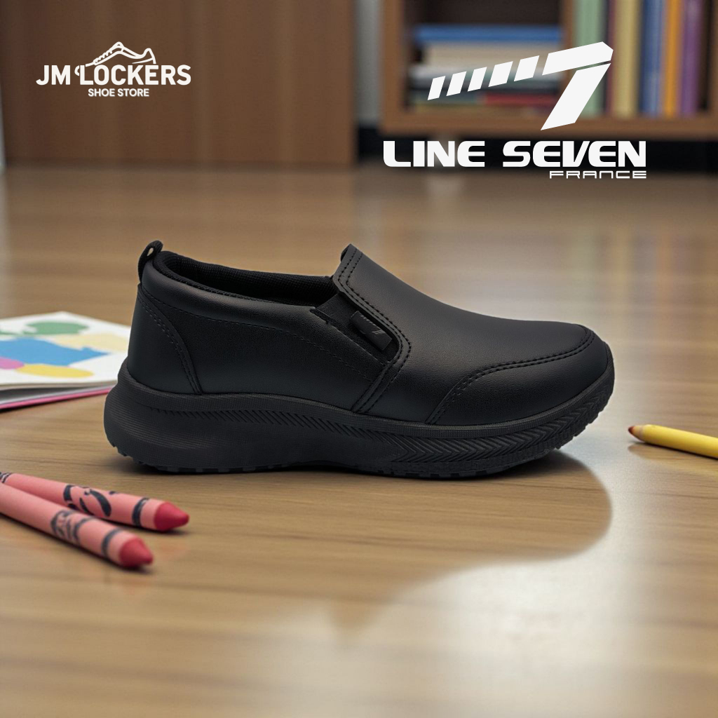 LINE 7 Kasut Sekolah PU Sarung Budak สีดํา/สีดํารองเท้าโรงเรียน PU L7-1123