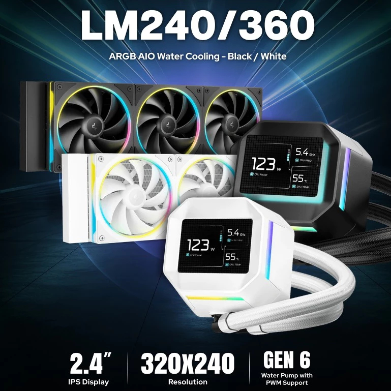 DEEPCOOL LM240 / LM360 ARGB AIO คูลเลอร์ซีพียูเหลวพร้อมจอแสดงผล IPS ขนาดกะทัดรัด 2.4"